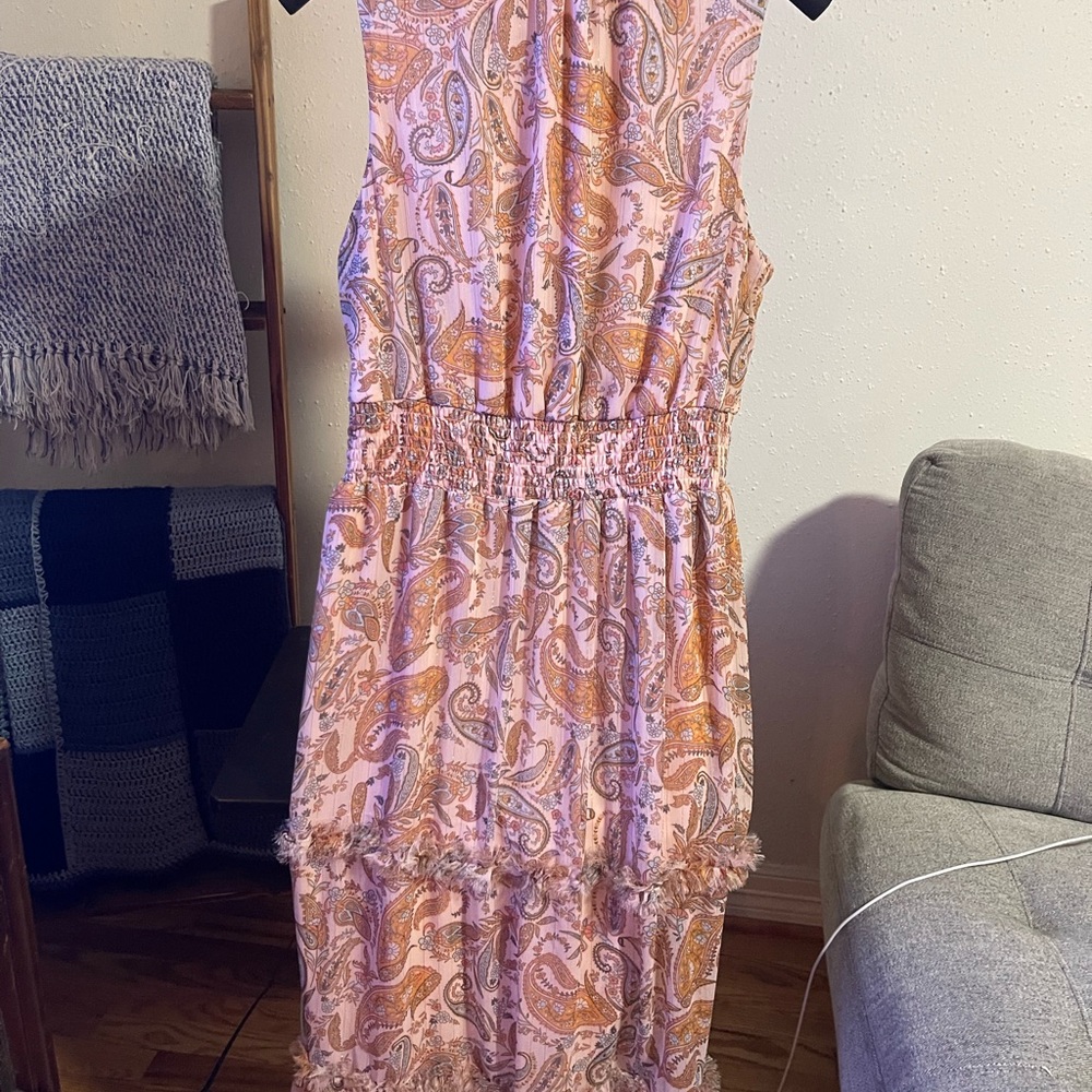 Paisley Print Sleeveless Dress with decorative elastic waist